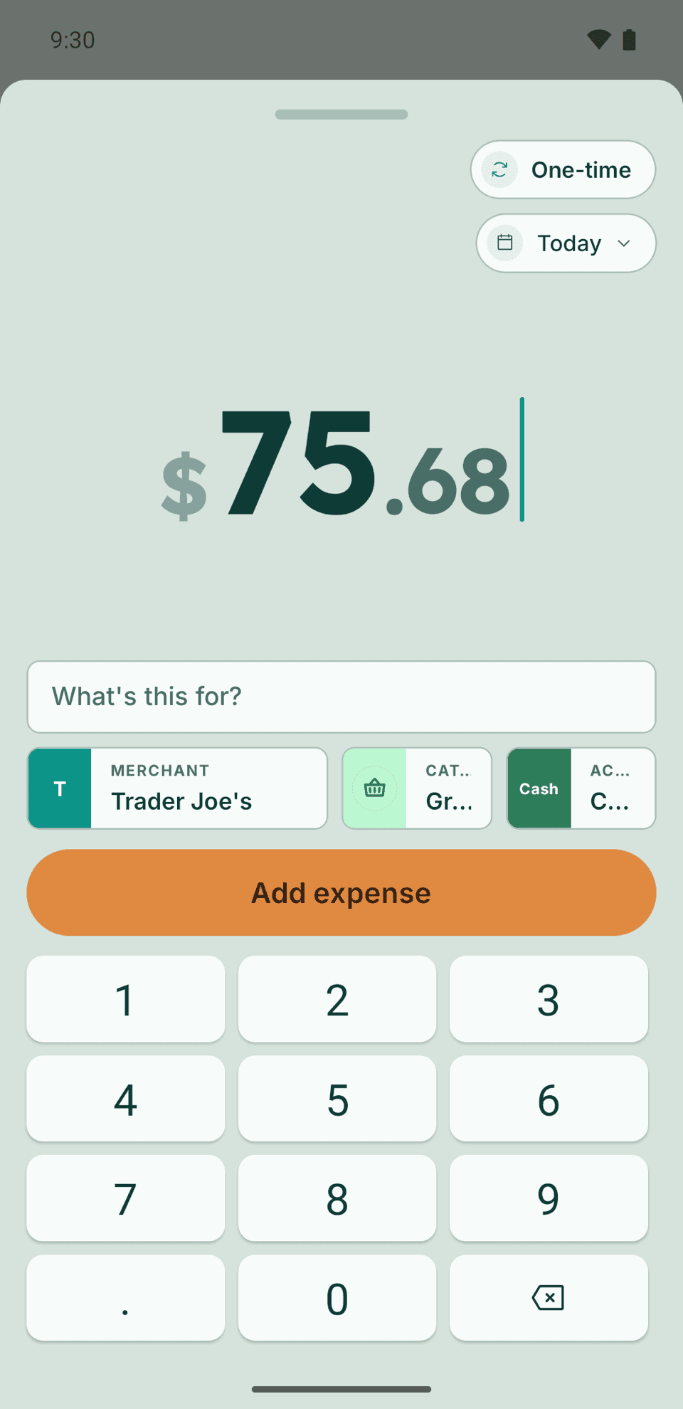 Adding an expense in Eider with the amount keypad open