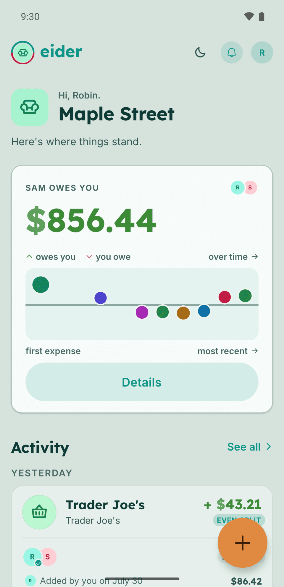 Eider's nest home on a phone, showing a household's running balance, its recent split expenses and its spend over time
