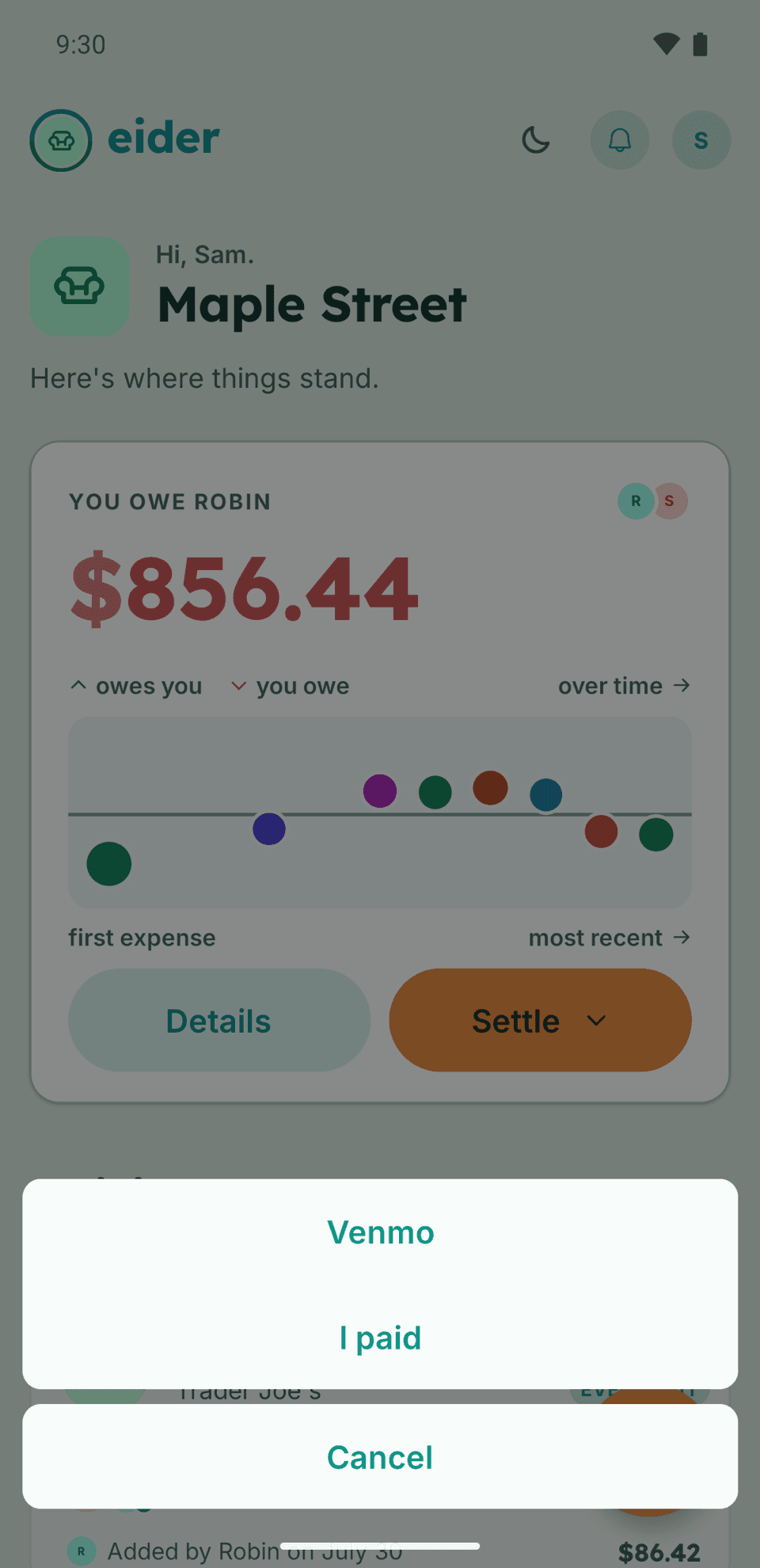 Settling up in Eider, showing the net amount and the payment apps to hand off to