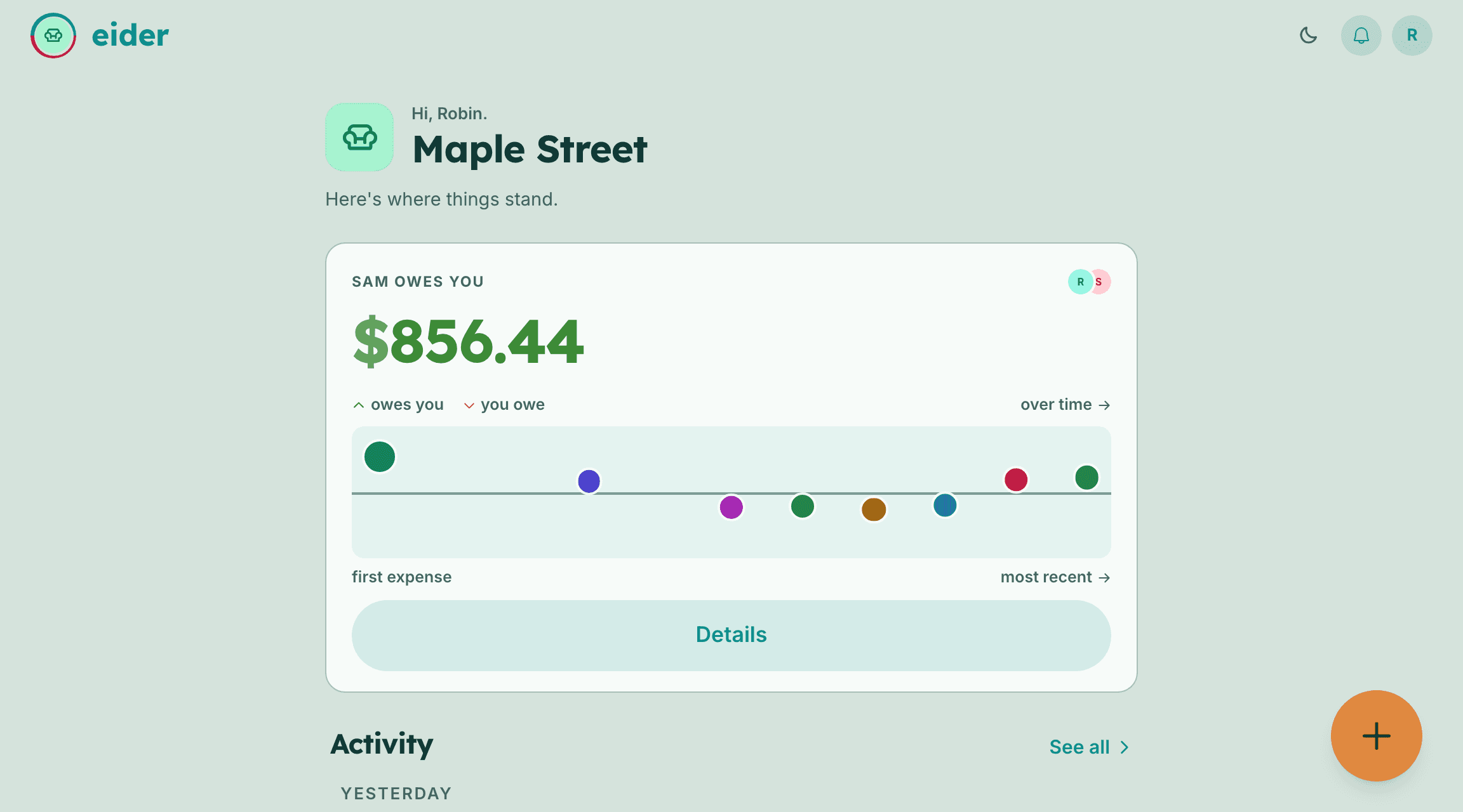 Eider's nest home in a browser, showing a household's running balance, its recent split expenses and its spend over time